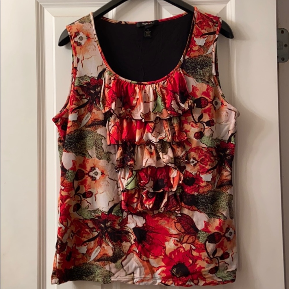 STYLE & CO  MULTICOLORED FLORAL RED PRINT RUFFLE SLEEVELESS BLOUSE TOP